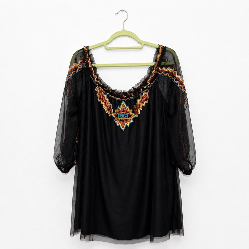 Vintage Collection Black Thunderbolt Embroidered Sheer Tunic Sz M NWT